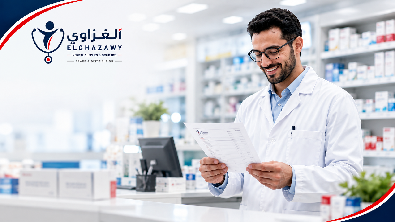 صيدلانية تراجع احتياجات الصيدلية على جهاز لوحي